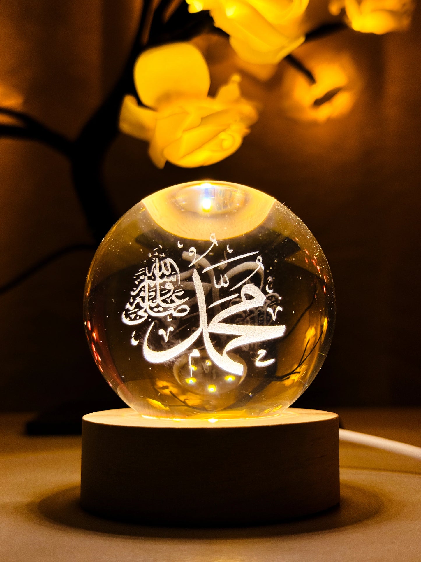 🌙 مصباح كريستالي 3D إسلامي – ديكور فاخر مع إضاءة LED عبر USB 🌙