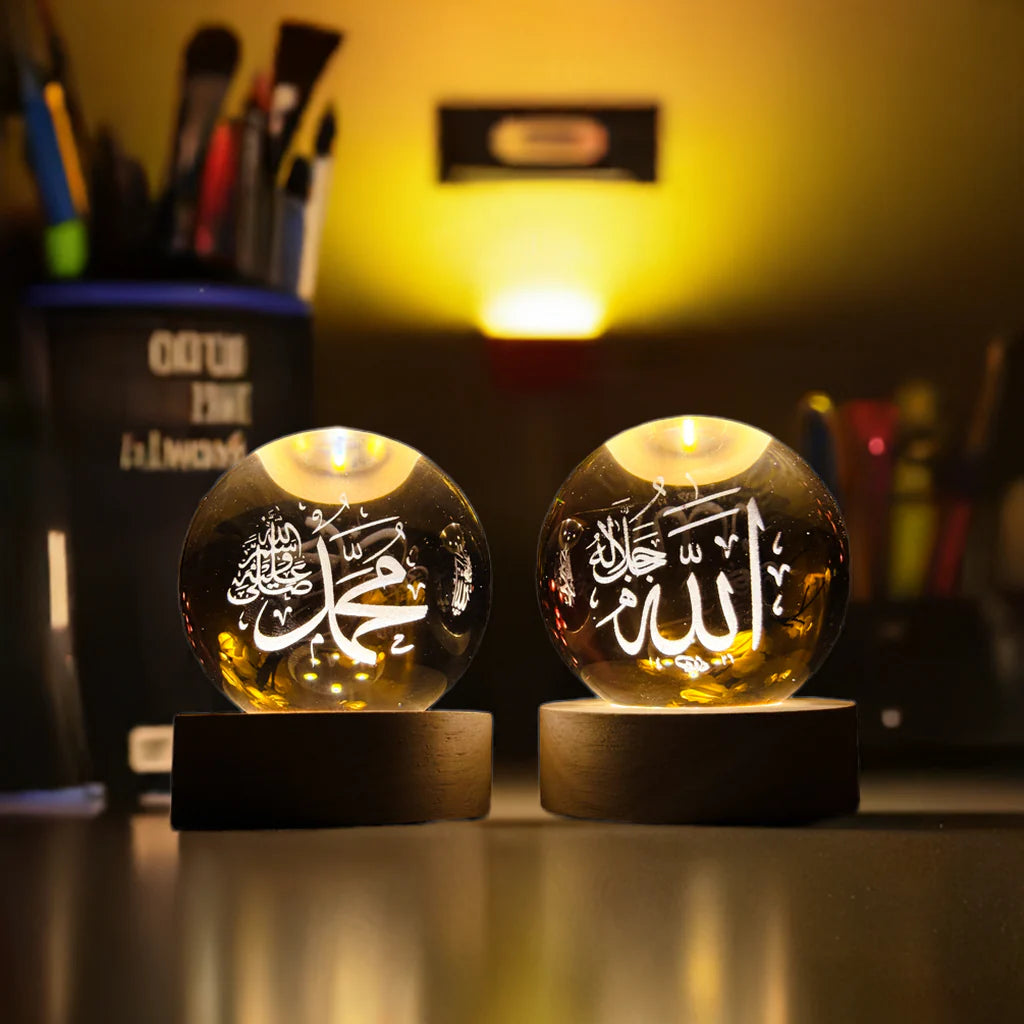 🌙 مصباح كريستالي 3D إسلامي – ديكور فاخر مع إضاءة LED عبر USB 🌙