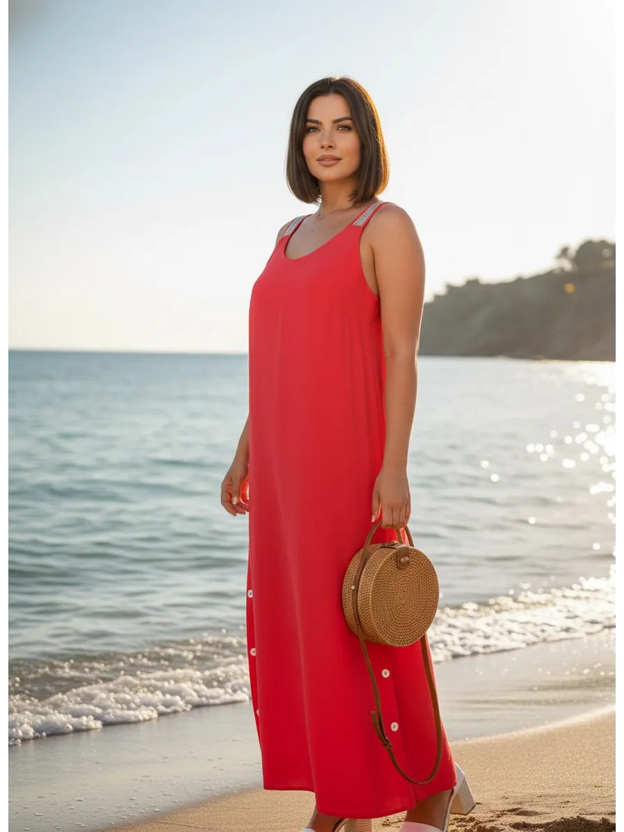 فستان "نسيم الصيف" المنسدل بالأزرار الجانبية والظهر الماسي البراق ✨👗