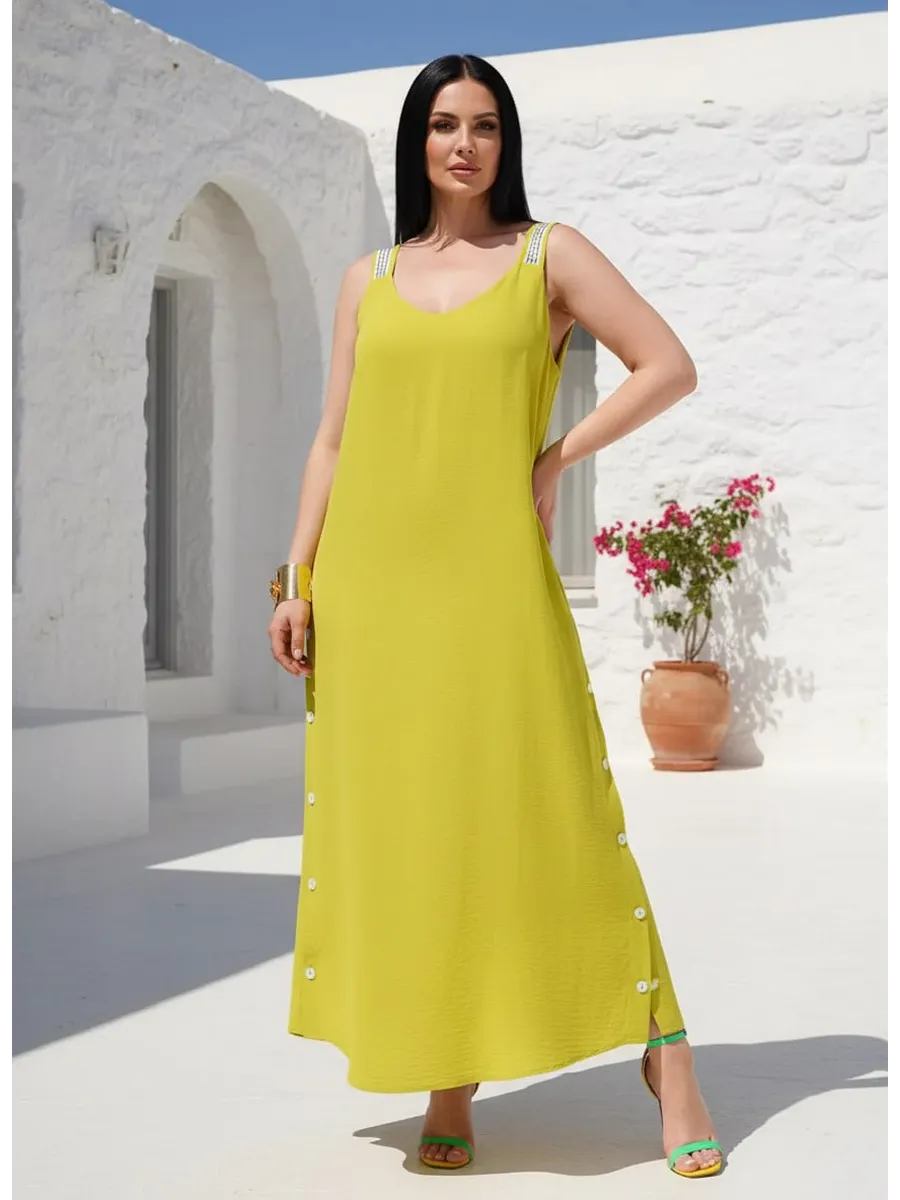 فستان "نسيم الصيف" المنسدل بالأزرار الجانبية والظهر الماسي البراق ✨👗